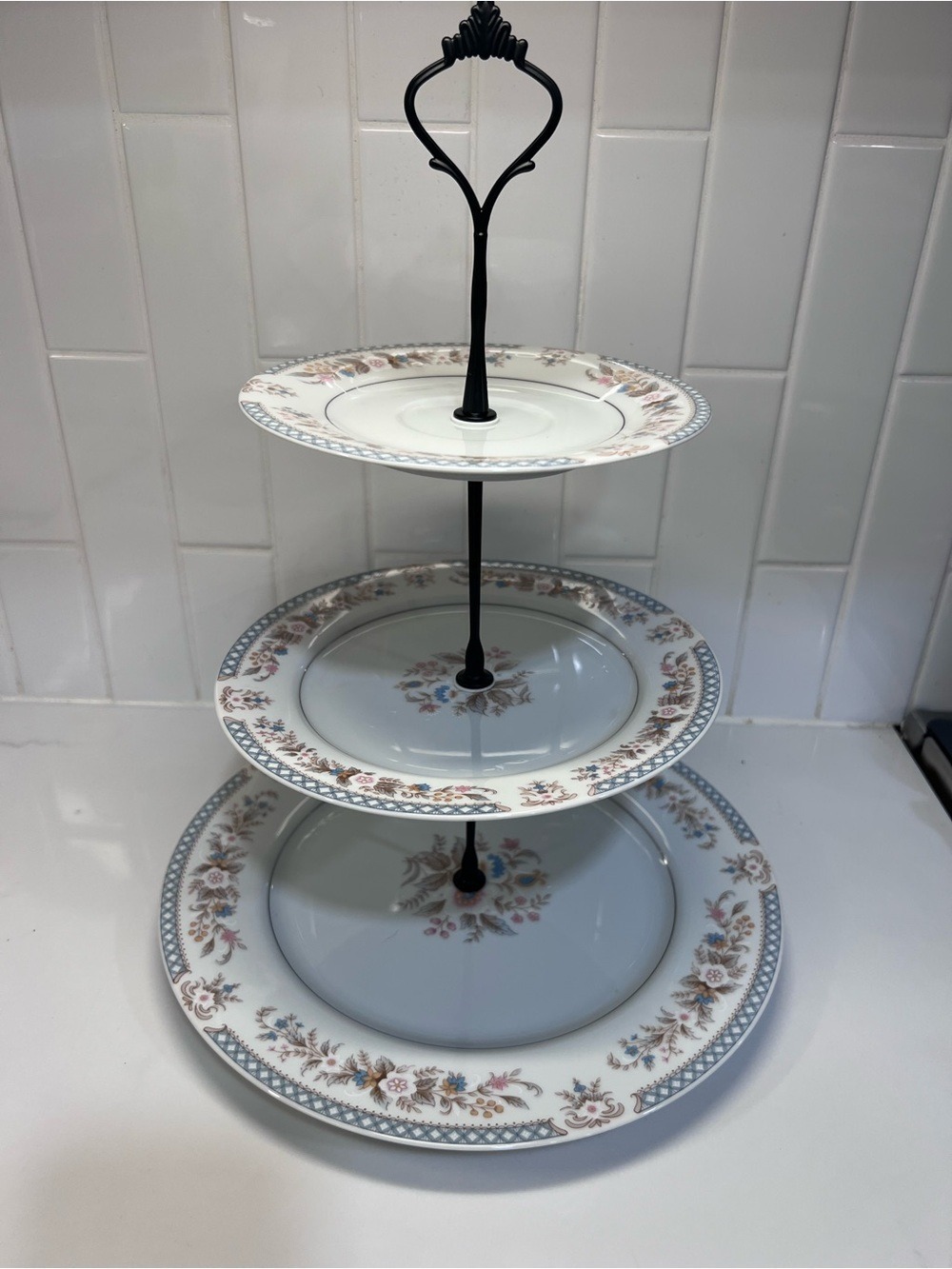 3 Tiered Cupcake Dessert Stand With First Lady Society Blue Pink Flower Border